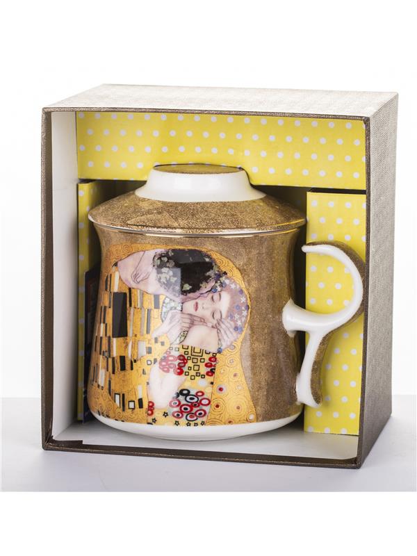 Porcelan-lonček s kovinskim cedilom in pokrovom-dekor Klimt Poljub