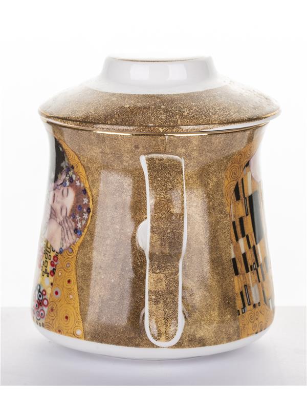 Porcelan-lonček s kovinskim cedilom in pokrovom-dekor Klimt Poljub