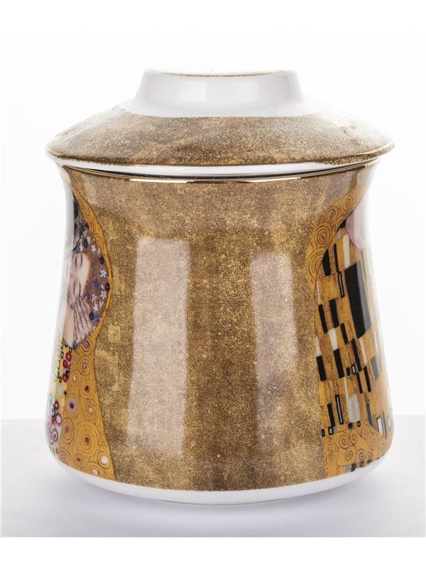 Porcelan-lonček s kovinskim cedilom in pokrovom-dekor Klimt Poljub
