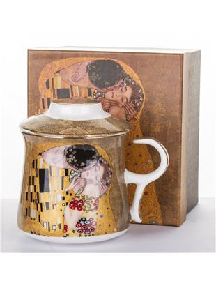 Porcelan-lonček s kovinskim cedilom in pokrovom-dekor Klimt Poljub