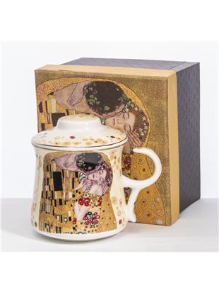 Lonček z kovinskim cedilom in pokrovom-dekor Klimt Poljub
