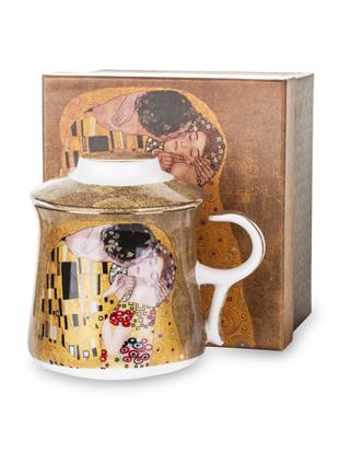 Porcelan-lonček s kovinskim cedilom in pokrovom-dekor Klimt Poljub